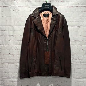 Italian Woman's Brown Leather‎ Zip Up Jacket Made by CURGÈ size L EU 48 NWT W17